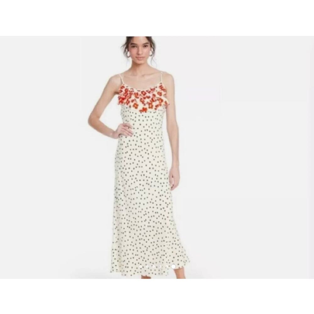 Rixo for Target polka dot ruffle neckline maxi dress full lined  side zip Sz. Sm